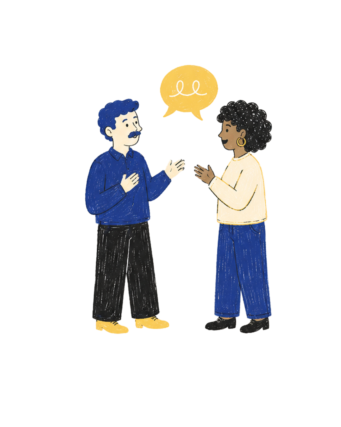 Illustration von zwei Menschen im Gespräch. Über ihnen schwebt eine gelbe Sprechblase.
