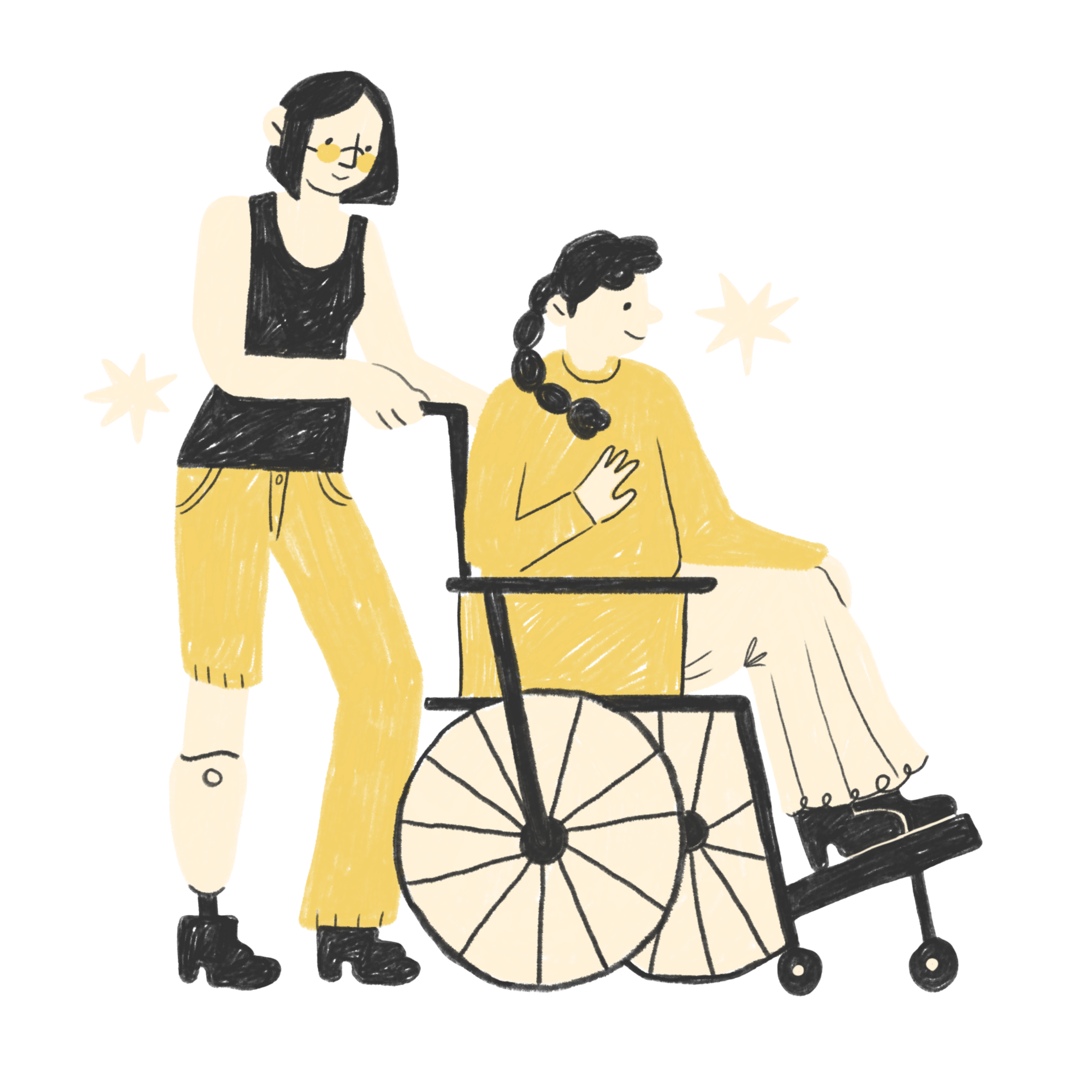 Illustration von zwei Menschen. Eine Person steht und hat eine Beinprothese, die andere sitzt in einem Rollstuhl. Beide lächeln.